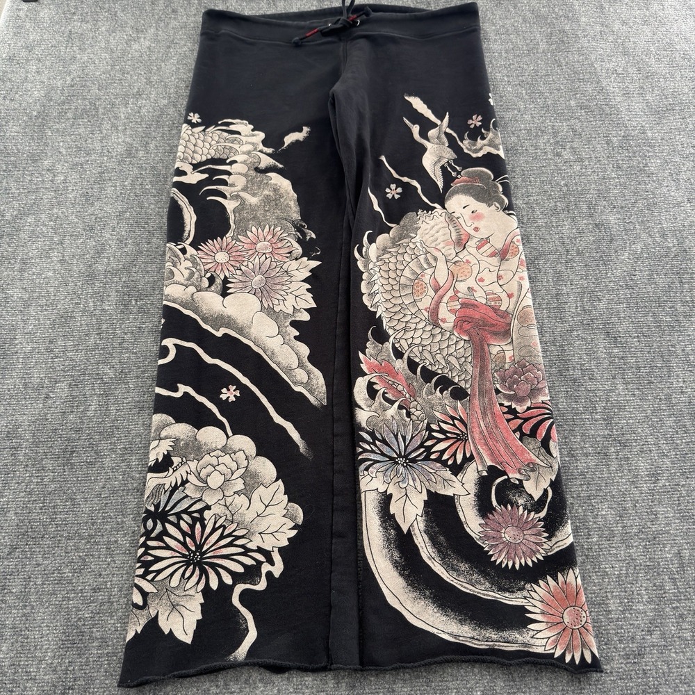 Vtg Lucky Brand Sweatpants M/L Black Womens Japanese Geisha Y2K Pants Tattoo